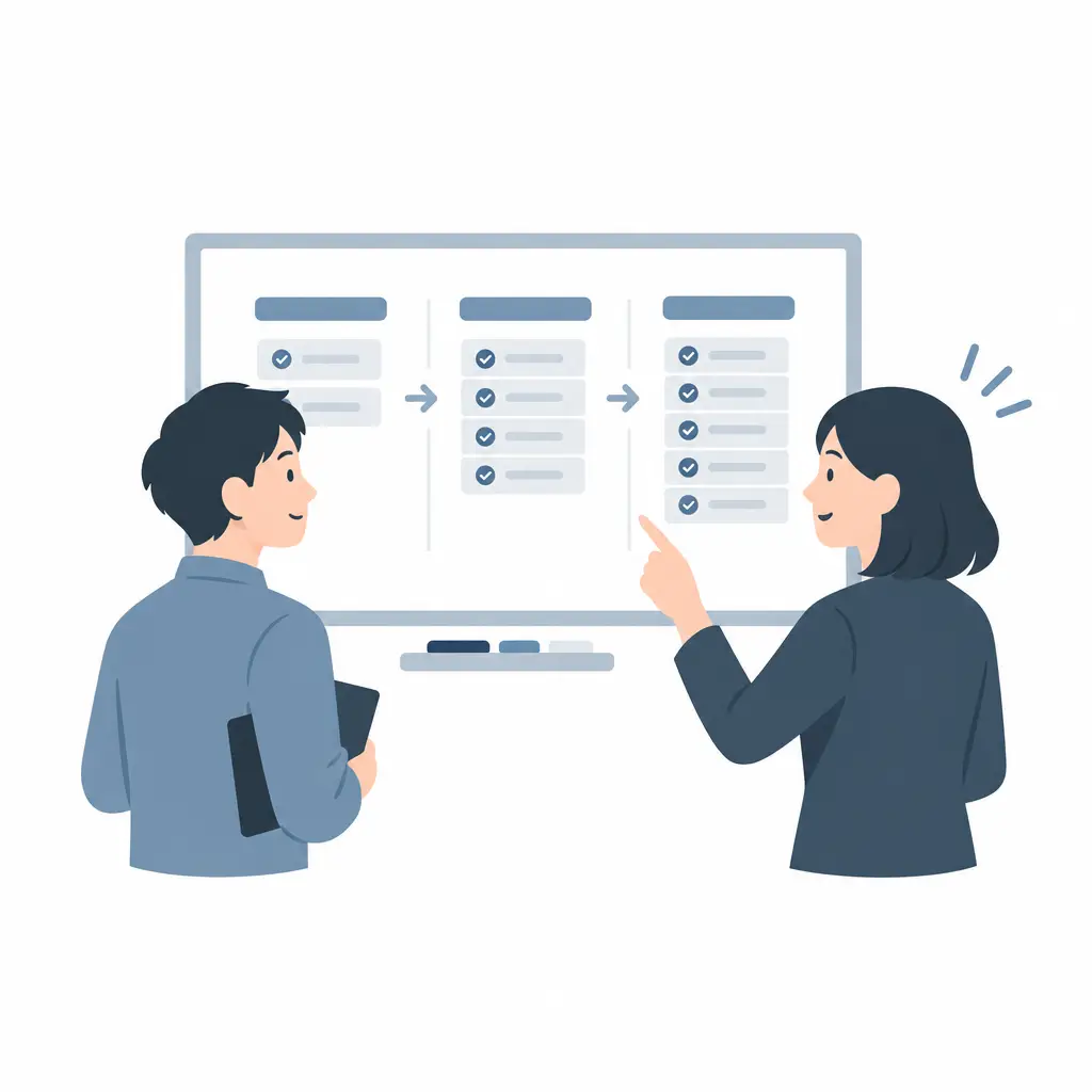 新しく入った人が先輩と並んで計画のボードを見ながら、任される役割を少しずつ広げていくイラスト