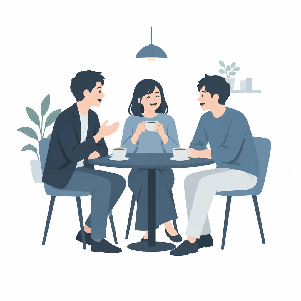 会社を離れた元同僚と笑顔で再会して、カフェで話している人たちのイラスト