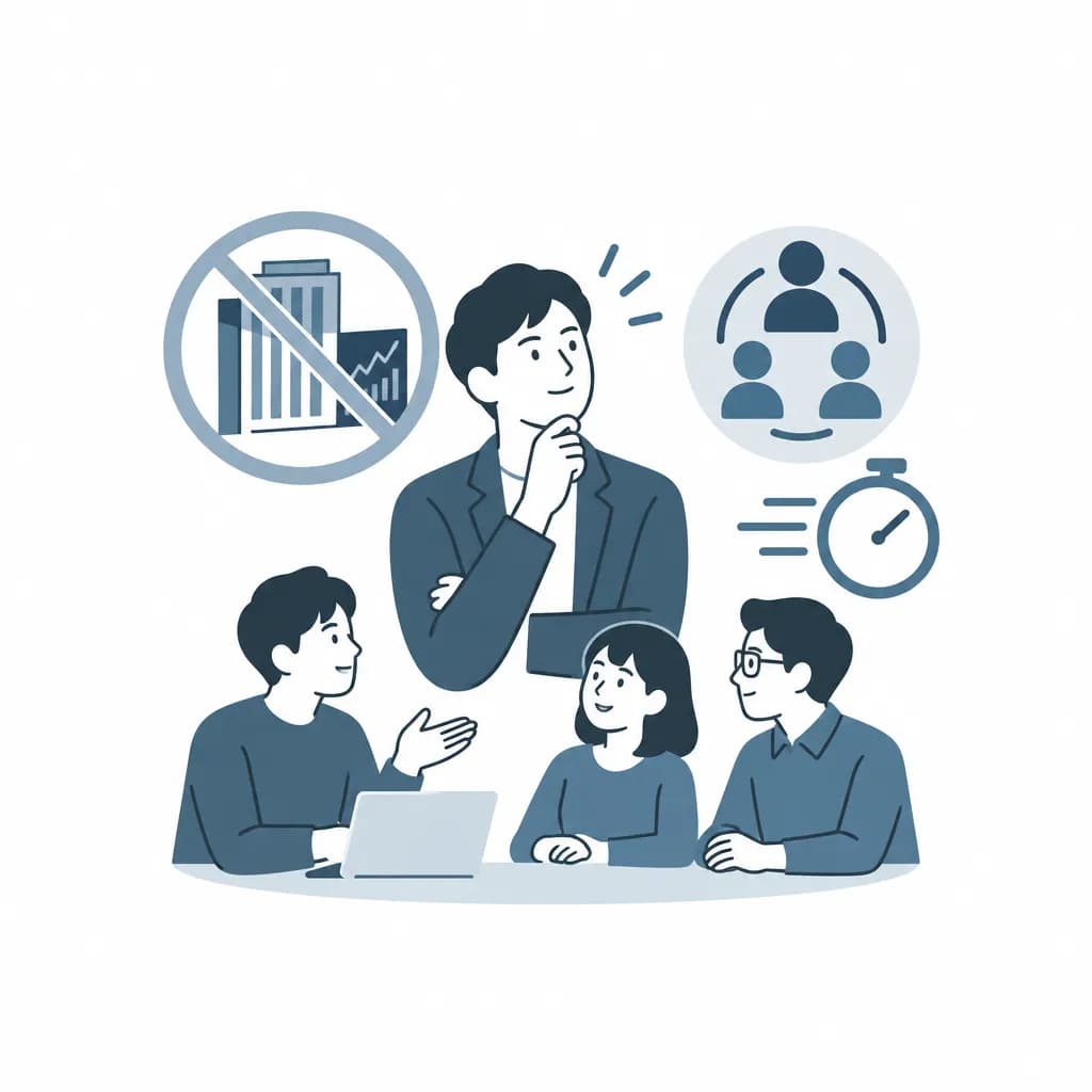 考える代表のまわりで、社員がテーブルを囲んで話し合っているイラスト